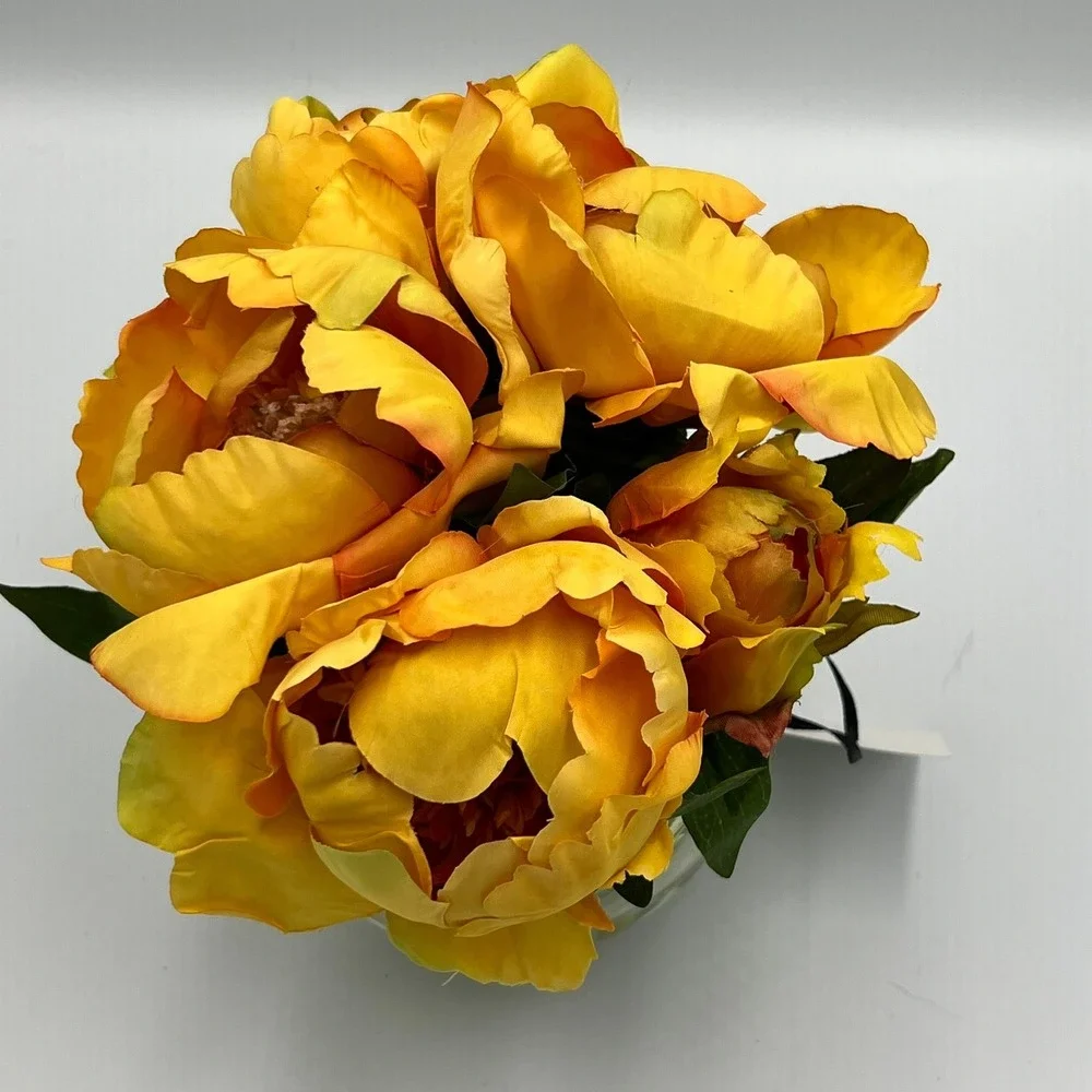 Faux Peony Arrangement OS Yellow Brand New Silk Flowers Glass Vase
